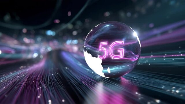 ホログラム球がネオン灯る未来的通信データ網の光景