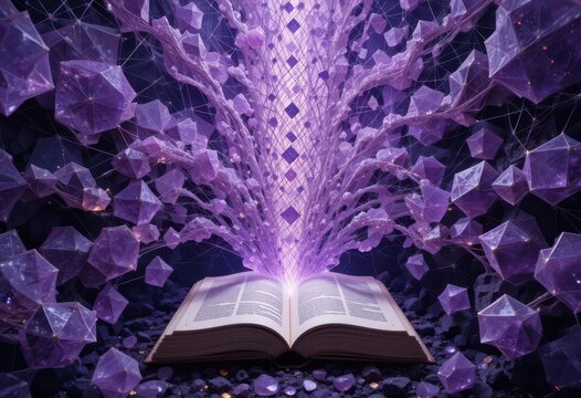 An array of amethyst colored geometric matrices and abstract patterns spreading outwards from a classic novel.