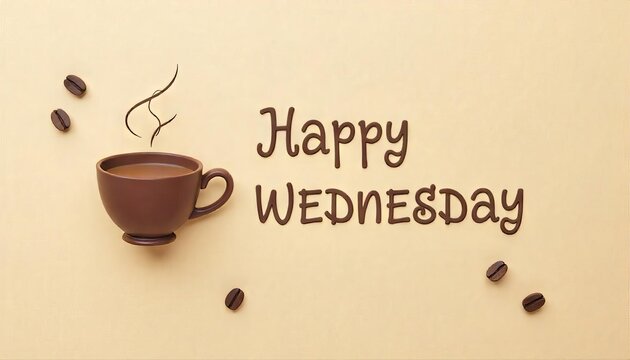 Brown coffee cup with beans spelling Happy Wednesday on a beige background, suitable for hump day social media posts.