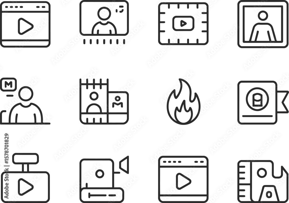 Fototapete collection of simple line icons representing video playback and content creation elements