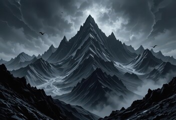  Matte Painting of a Dramatic Mountain Landscape in Black and White