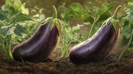 Two purple eggplants on soil with green leaves