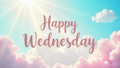 Happy Wednesday message on a pink cloudy sky suitable for social media posts, greeting cards, website banners, and email newsletters.