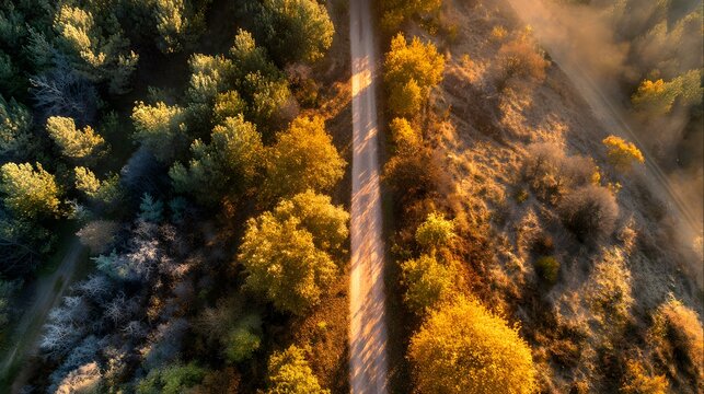 Top down view of narrow autumn trail surrounded rustic golden woods leaf covered road with no center line magical fall environment with cinematic shadows and early mist scenic custom background