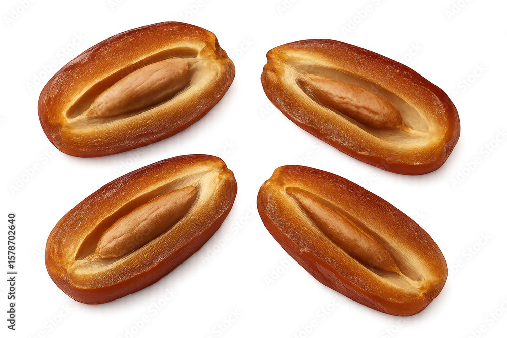 Poster four pitted dates exposing the seed inside on a transparent background, ideal for projects related t