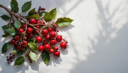 Obraz premium Realistic Illustration of Christmas Berries on White Linen with Dramatic Lighting Vertical Holiday Artwork