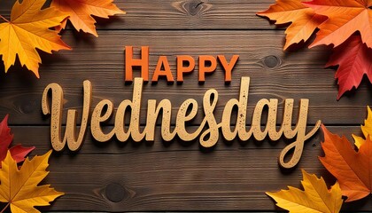 Autumn themed Wednesday lettering on wooden background enveloped by falling leaves. Perfect for autumn themed social media posts or desktop wallpaper.