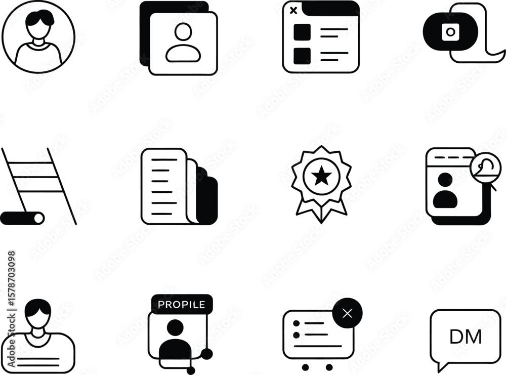 Poster collection of modern flat line icons representing user profiles documents and communication