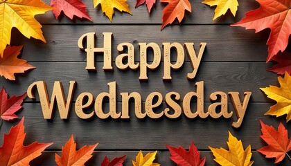 Autumn themed happy Wednesday concept on dark wooden backdrop. Suitable for autumn promotions, social media posts, or fall themed designs.