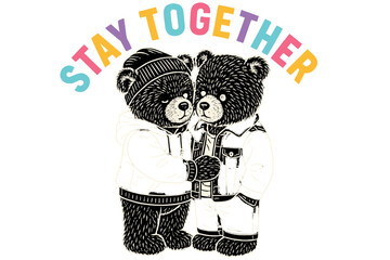 Cute bears dressed in stylish outfits promoting friendship and togetherness in an artistic design