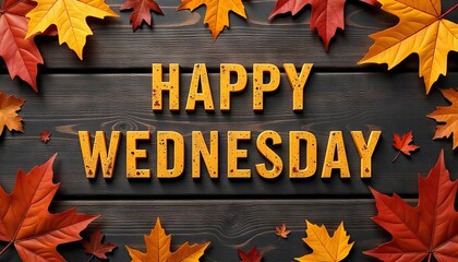Vibrant autumn leaves frame Happy Wednesday in orange on wooden background. Ideal for midweek greetings, autumn content, social media posts.