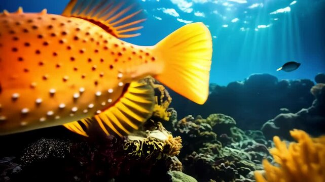 Close-up of an orange boxfish swimming amongst coral formations in bright blue ocean water filled with sunlight piercing through