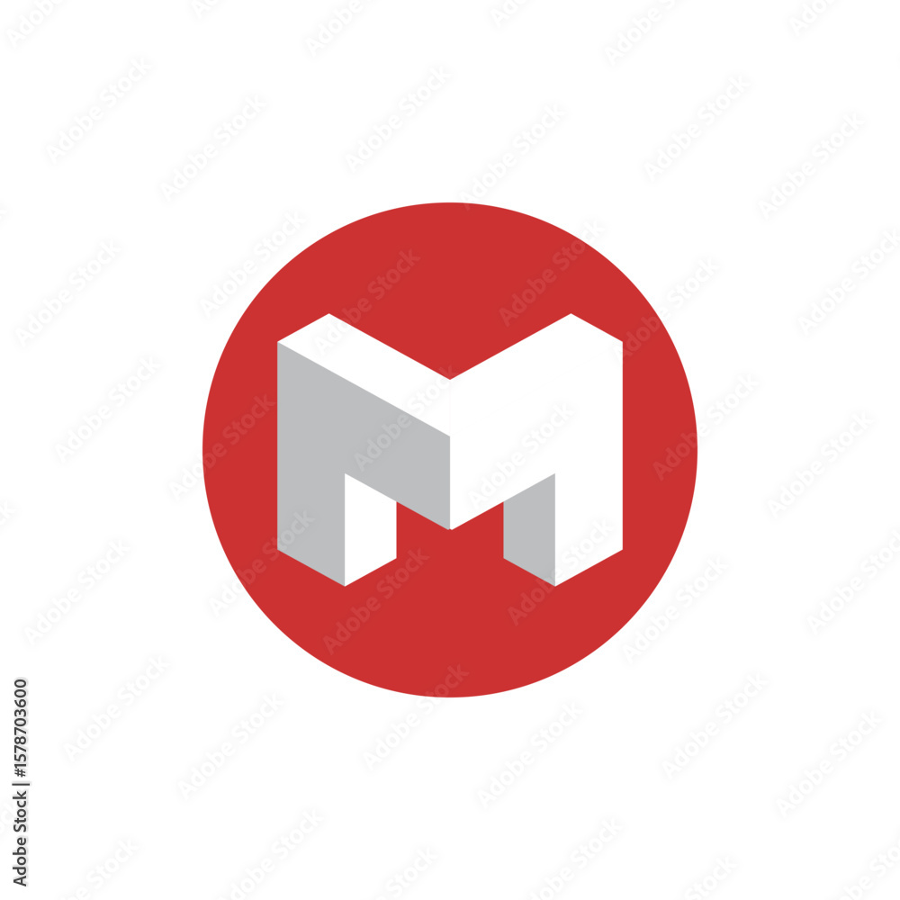 Poster The image shows a flat logo design of an initial letter M in white color inside a red round shape that looks clean on a white background