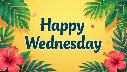 Tropical leaves and hibiscus flowers create a cheerful Wednesday greeting card. Perfect for social media posts, invitations, or posters.