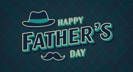 A dapper Father s Day celebration with a retro styled hat and mustache in a teal diamond pattern