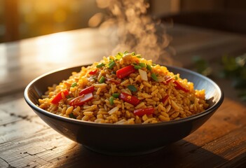  Captured during the golden hour, this image radiates warmth and highlights the rich colors of the XO fried rice.