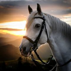 Obraz premium White horse standing calmly in sunset ambiance 