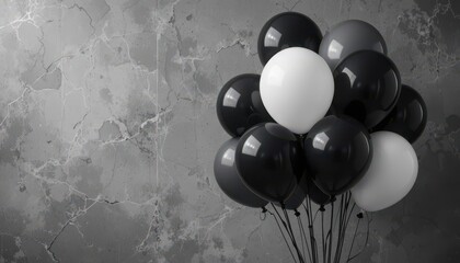  A sophisticated bouquet of black and white helium balloons against a textured grey backdrop.