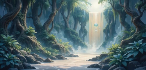  Iridescent Sands Hourglass Waterfall Watercolor Jungle Realm, Soft Textures, Dreamlike Quality, Ethereal Art