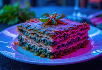  Vibrant Food Art Vegan Lasagna with a Neon Glow Effect
