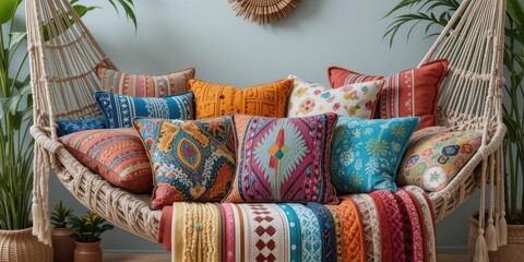  Front View of Vibrant and Textured Pillows Creating a Relaxed Bohemian Atmosphere. Macrame and Plants