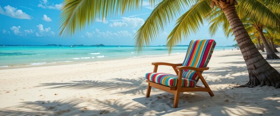  A striped armchair on a tropical beach with palm trees and turquoise water views.