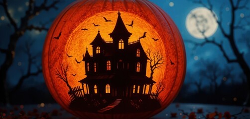 Eerie Glow Pumpkin Lantern Featuring a Silhouette of a Haunted House