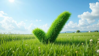  3D Grass Green Check Mark in a Sunny Meadow Indicating Natural Approval and Organic Quality, Symbolizing Harmony and Growth