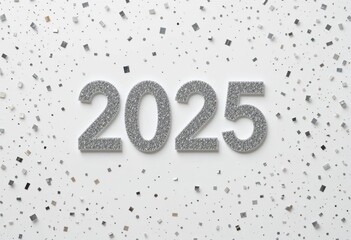  Clean Modern Greet 2025 with a Simple Banner Featuring Silver Confetti and a Crisp White Background
