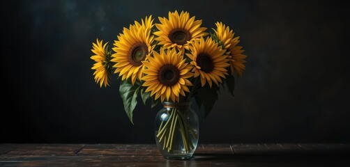  Chiaroscuro Flowers Sunflowers in a glass vase, dramatically lit in a classic chiaroscuro style, with deep shadows and bright