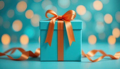  Teal Package with Gleaming Orange Ribbon on Blurred Cyan Lights. High Quality, Studio Lighting.
