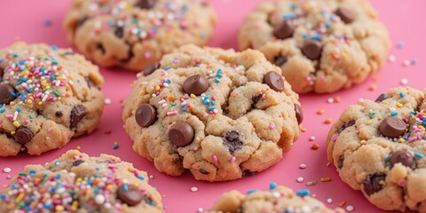  Sprinkled Chocolate Chip Cookies A Cheerful and Colorful Dessert on a Candy Pink Background