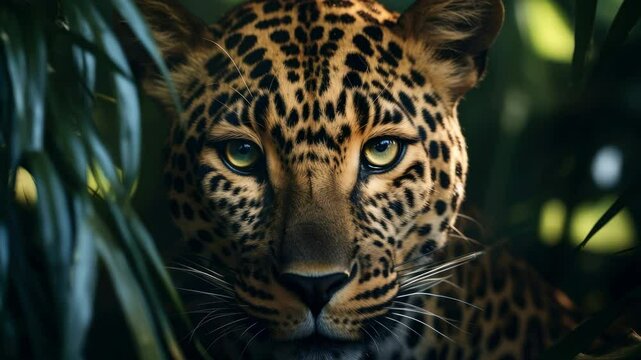 Close-up video shot of a leopard's face through lush foliage, capturing its intense gaze. The angle emphasizes the wild, mysterious jungle atmosphere. Live desktop wallpaper.