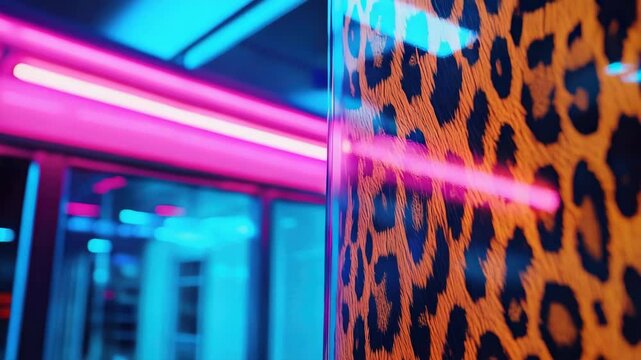 Vibrant nightclub scene with pink neon lights and leopard print wallpaper.