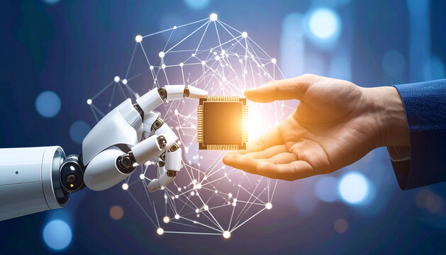 Robotic hand and human hand exchanging a glowing microchip, symbolizing technological collaboration and AI integration.