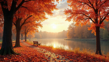 Autumnal trees create a picturesque scene by a tranquil lake at sunset. Perfect for nature inspired designs, fall themed projects, or seasonal content.