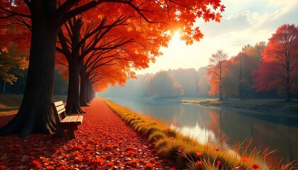 Tranquil autumn scene features a bench near a canal lined with vibrant red trees, ideal for fall themed designs and peaceful backgrounds.