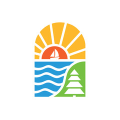 Nature recreation logo. Sunrise over sea, forest. Flat vector illustration for travel, eco-tourism, outdoor, and adventure branding. Isolated on white background.