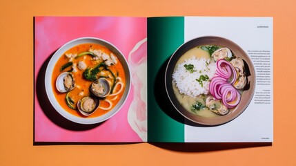 A spread of two magazine pages, one featuring an abstract and colorful background. The other page showcases images of delicious dishes like chicken b stain- blurred soup with clams and zucchini noodle