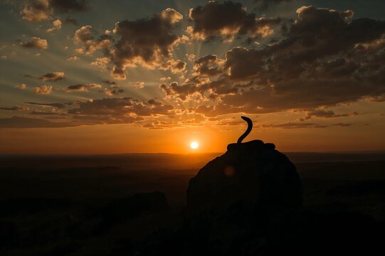 Silhouette of a snake on a rock against a sunset sky with scattered clouds in the background