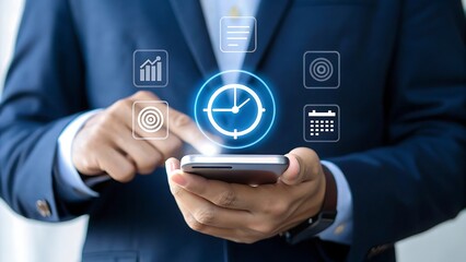 Businessman using smartphone with digital icons for time management and business goals