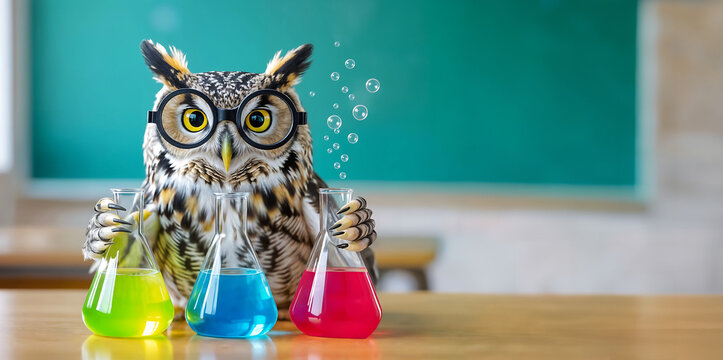 Hibou professeur avec des fioles color&eacute;s dans la salle de classe, espace vide pour du texte