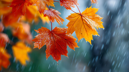 Autumn maple leaves in vibrant orange and red hues falling in gentle rain, seasonal close-up