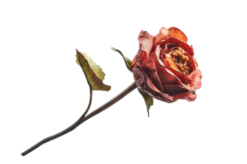 A single red and orange rose on a stem isolated on transparent background