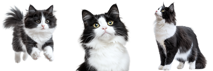 Set of black and white fluffy cats isolated on transparent background PNG