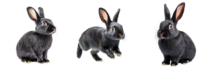 Set of cute black rabbits isolated on transparent background PNG