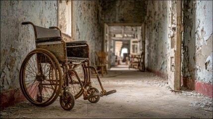 Abandoned wheelchair in a decaying hospital hallway (1)