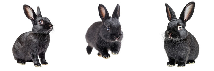 Set of cute black rabbits isolated on transparent background PNG