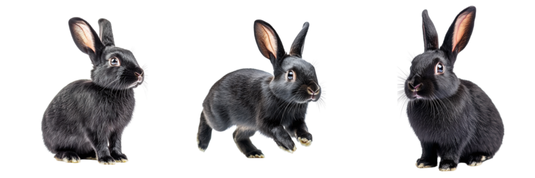 Set of cute black rabbits isolated on transparent background PNG