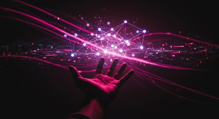 Close up of a hand under a purple hologram showing a data network signifies easy data access with efficient data integration. 5